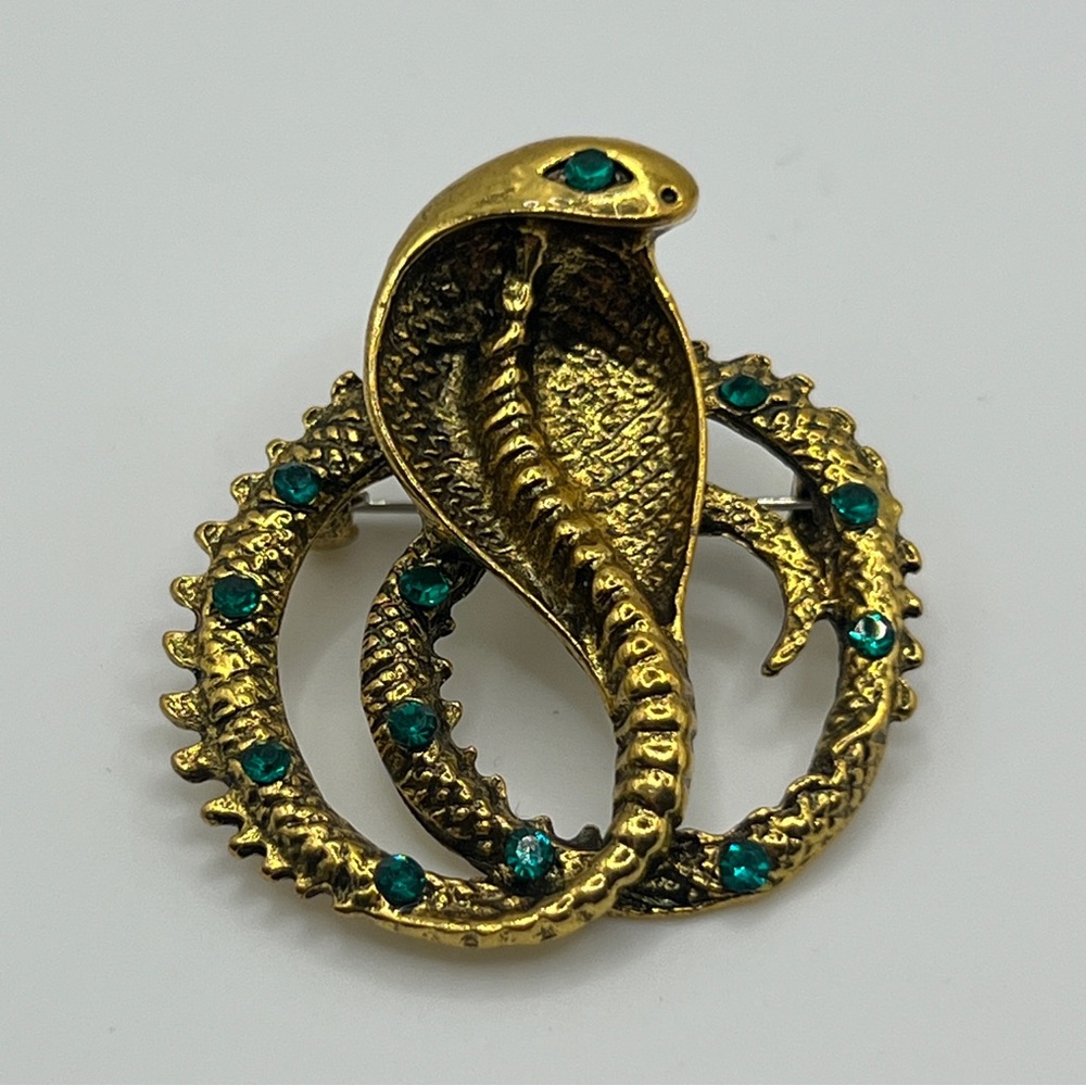 Gold Cobra Brooch with Green stones